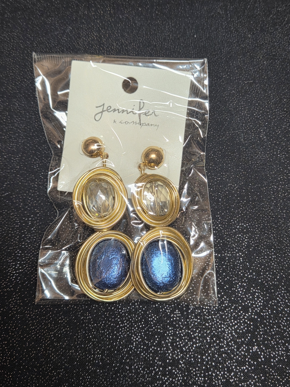 Jennifer & Company Gold Drop Earrings with Blue and Clear Stones